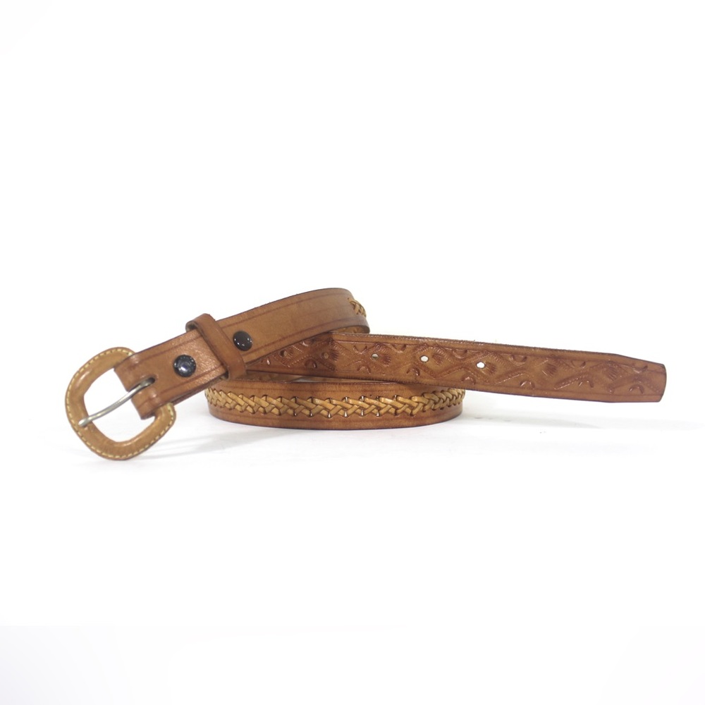 Vintage Handmade Tooled, Braided Stitched Natural Tan Leather Belt 40